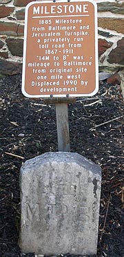 [photo, Milestone marker from Baltimore and Jerusalewm Turnpike, Jerusalem Mills Historic Village, 2813 Jerusalem Road, Kingsville (Harford County), Maryland]